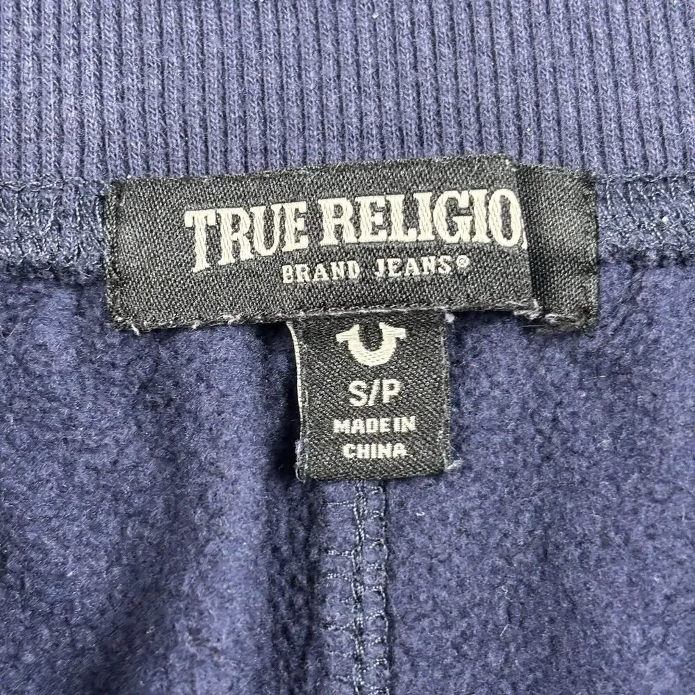 True Religion Frayed Sweat Shorts Navy Mens Size S Horseshoe Logo Drawstring